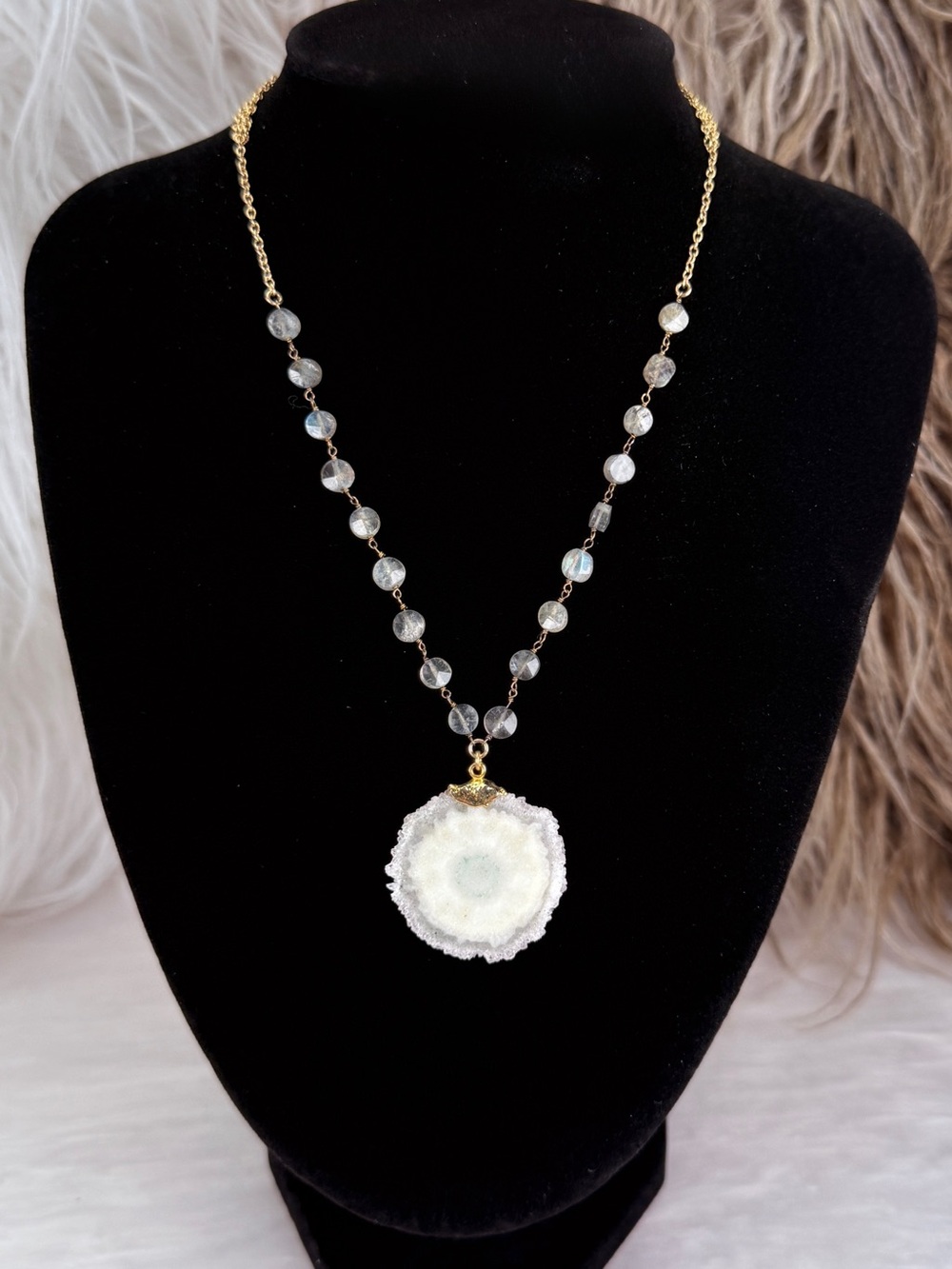 Long Gold Tone White Druzy Geode Slice Pendant Faceted Bead Statement Necklace